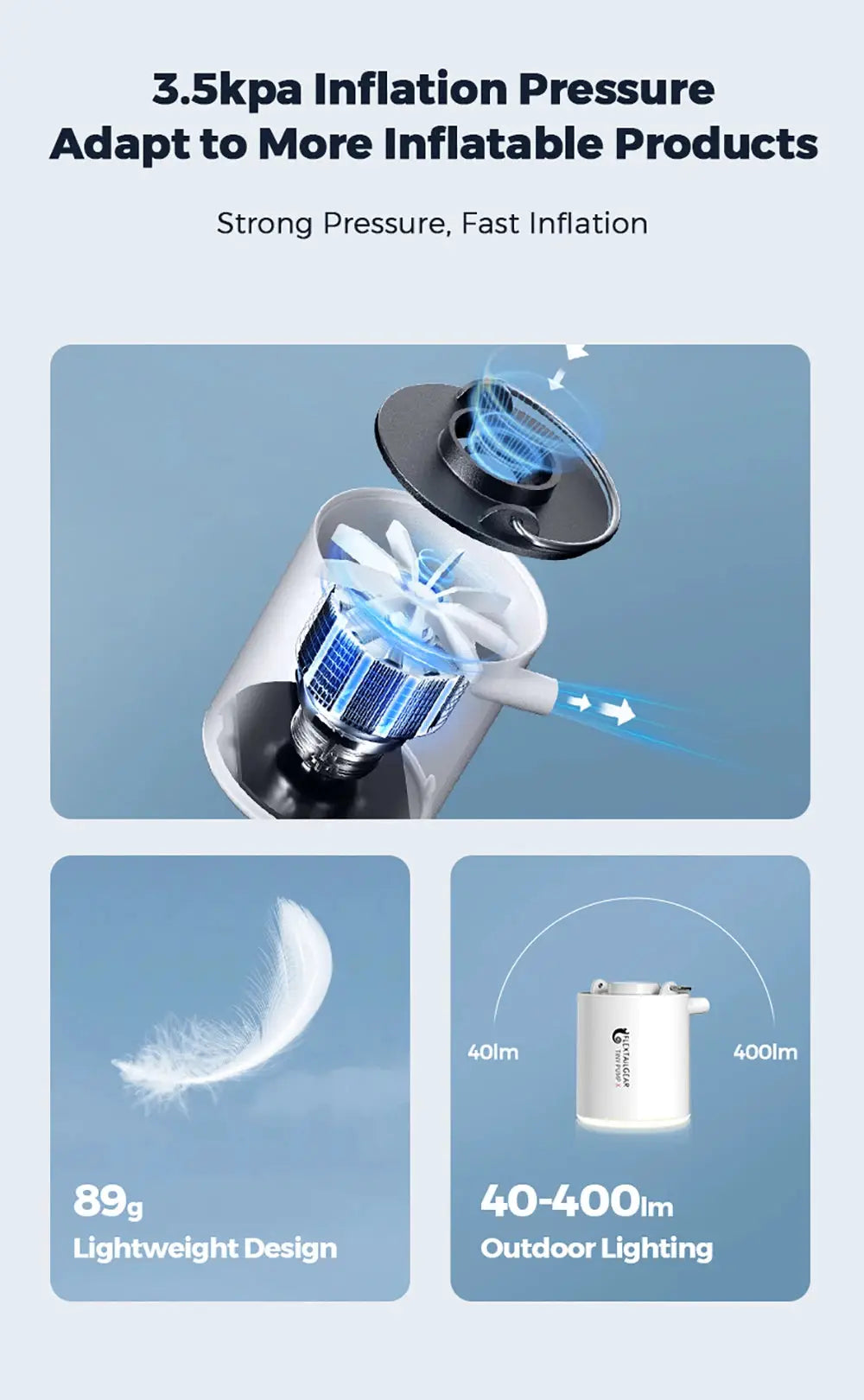 FLEXTAIL portable air pump by Simples Market; mini camping pump with light, USB-C charging for sleeping pads, air beds, vacuum bags.