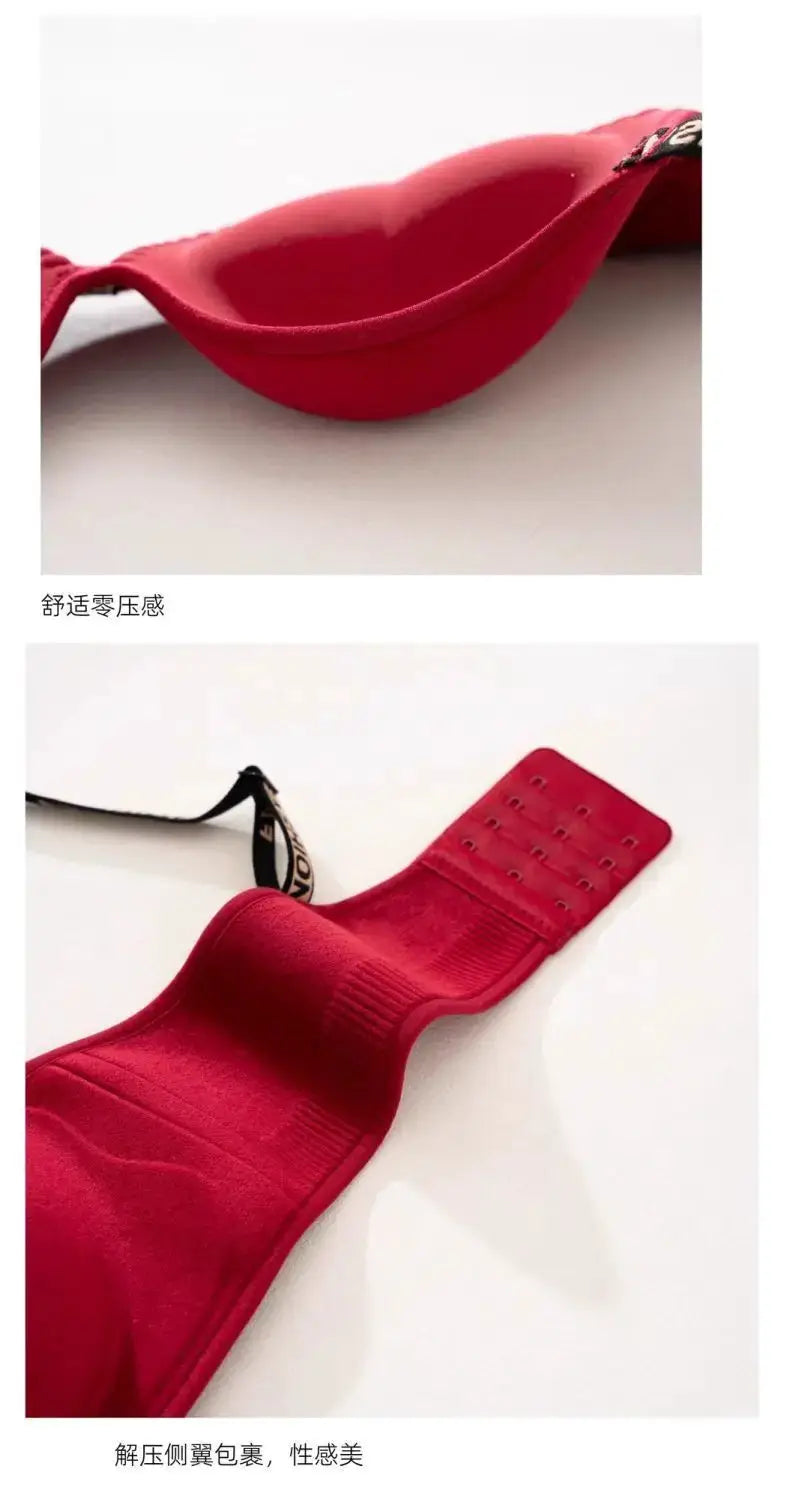Push-up red wireless T-shirt bra with seamless cups; back hook closure and adjustable straps.