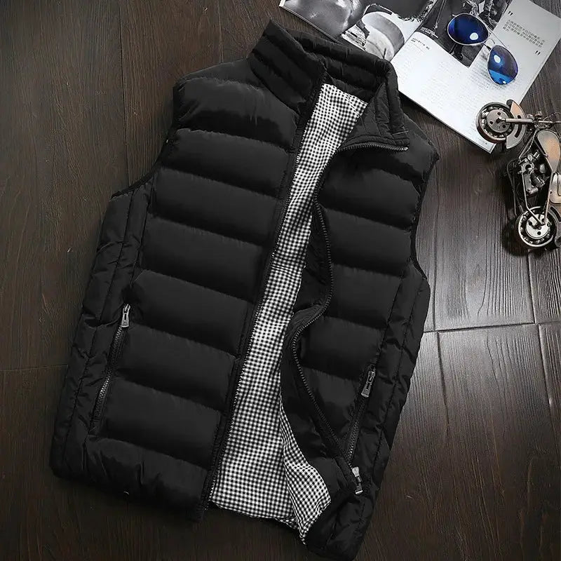 Men's black padded sleeveless vest with zip pockets and checkered lining