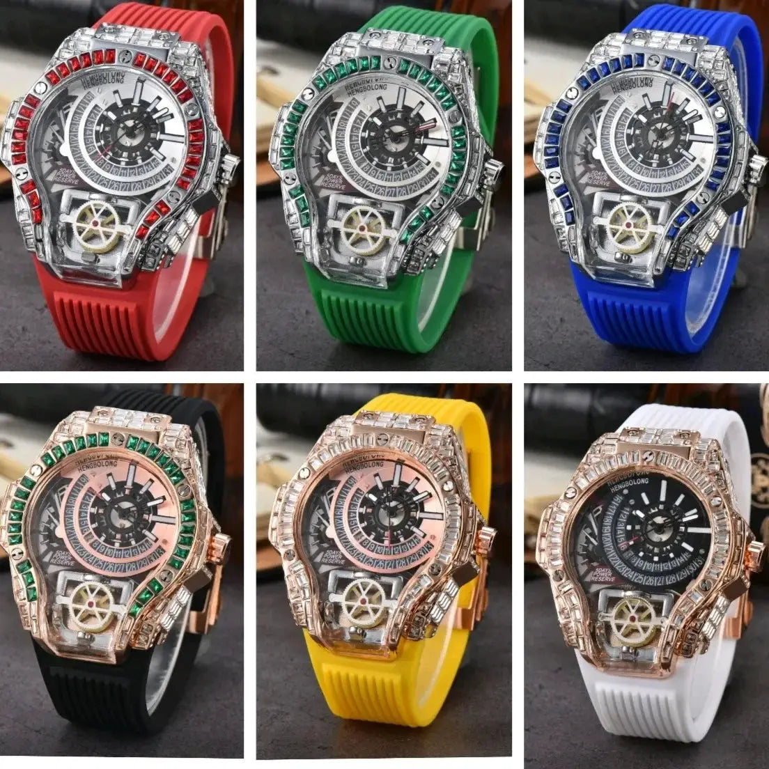 Men's luxury diamond-case quartz watches with rubber straps; six watches shown in color variants