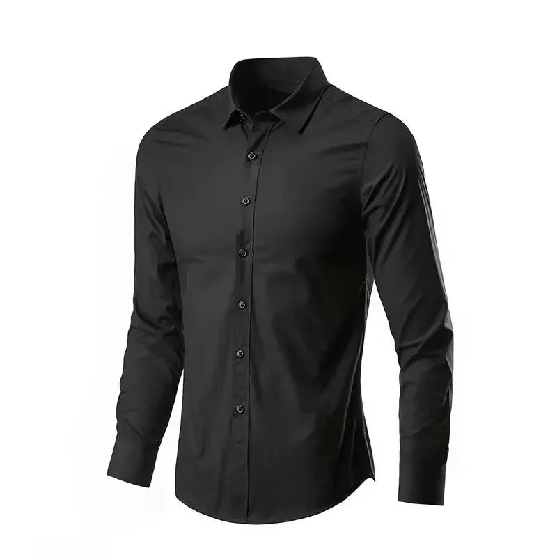 Men's black long-sleeve dress shirt with button-down front