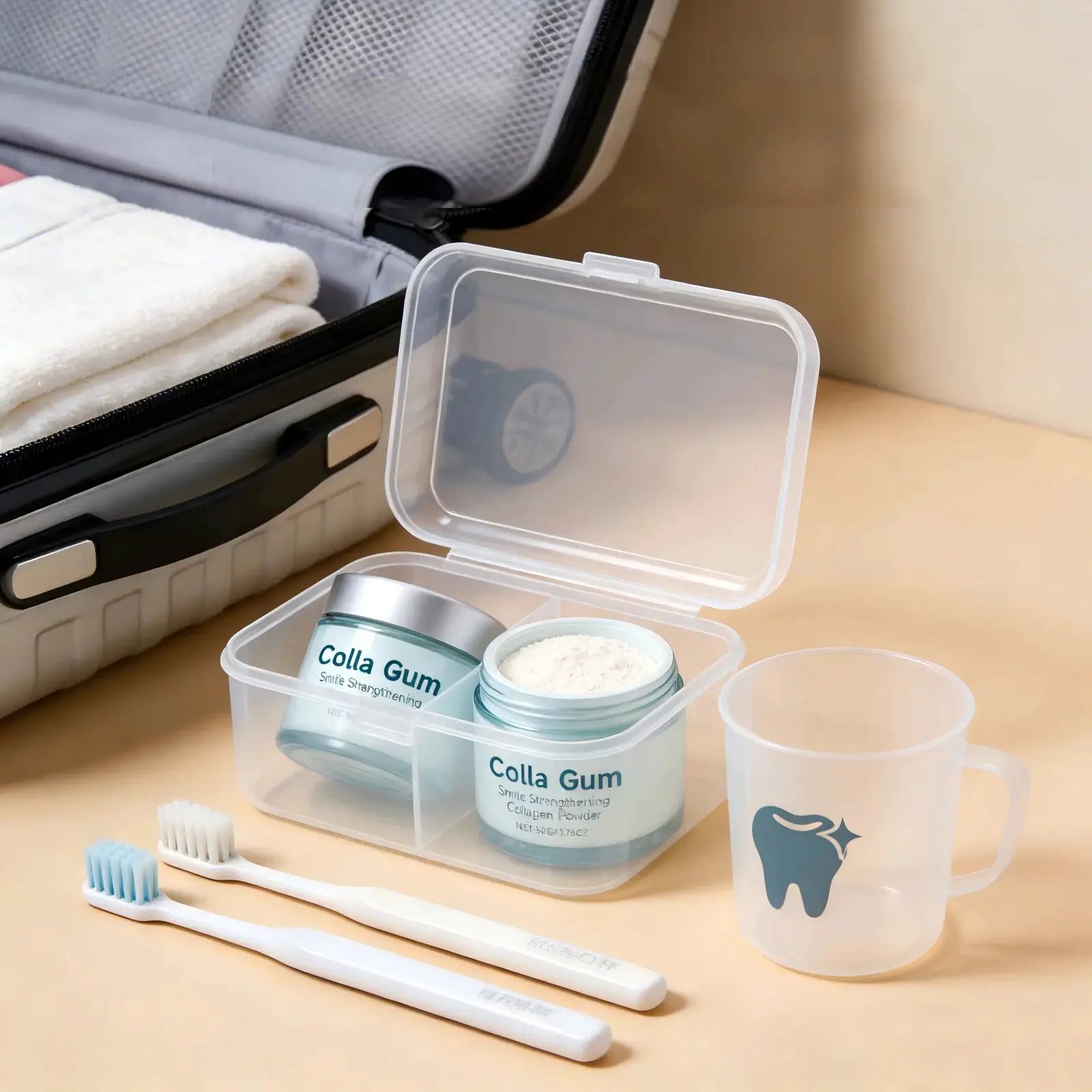 Colla Gum collagen tooth powder kit in a clear plastic case with two turquoise jars
