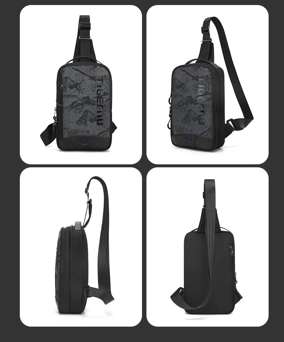 Tigernu chest bag for men, black with gray camo panel, adjustable crossbody strap