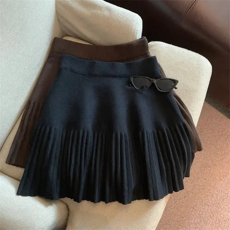 Korean Flair Pleated Mini Skirts With Knitted Design And Elastic Waist For Casual Youthful Wear