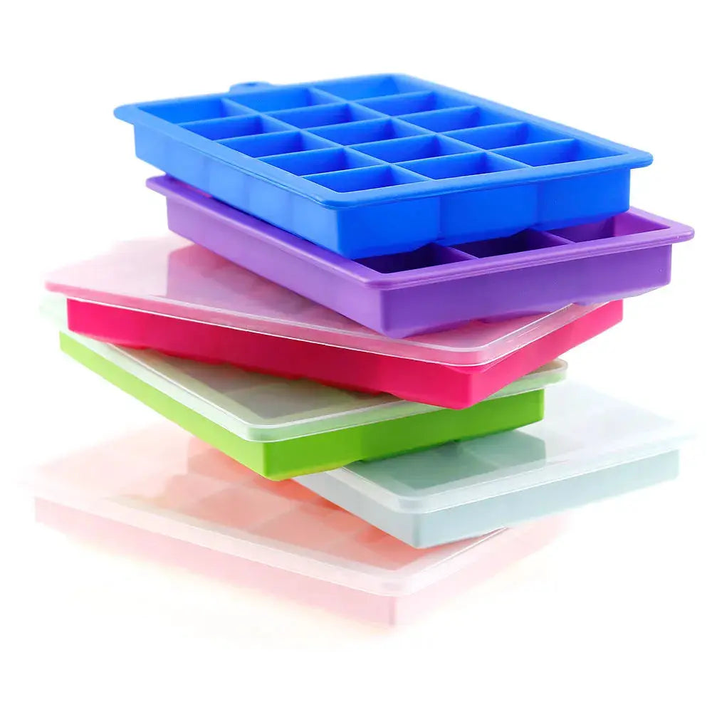 Silicone ice cube tray set with lids by Simples Market; 6 colorful square trays for cocktails and cold drinks