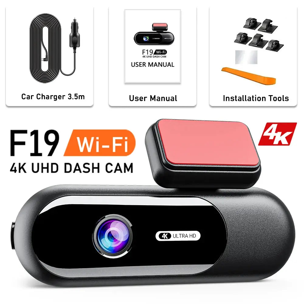 Simples Market F19 Wi-Fi 4K UHD dash cam with front lens, black body and red mount; includes car charger and tools