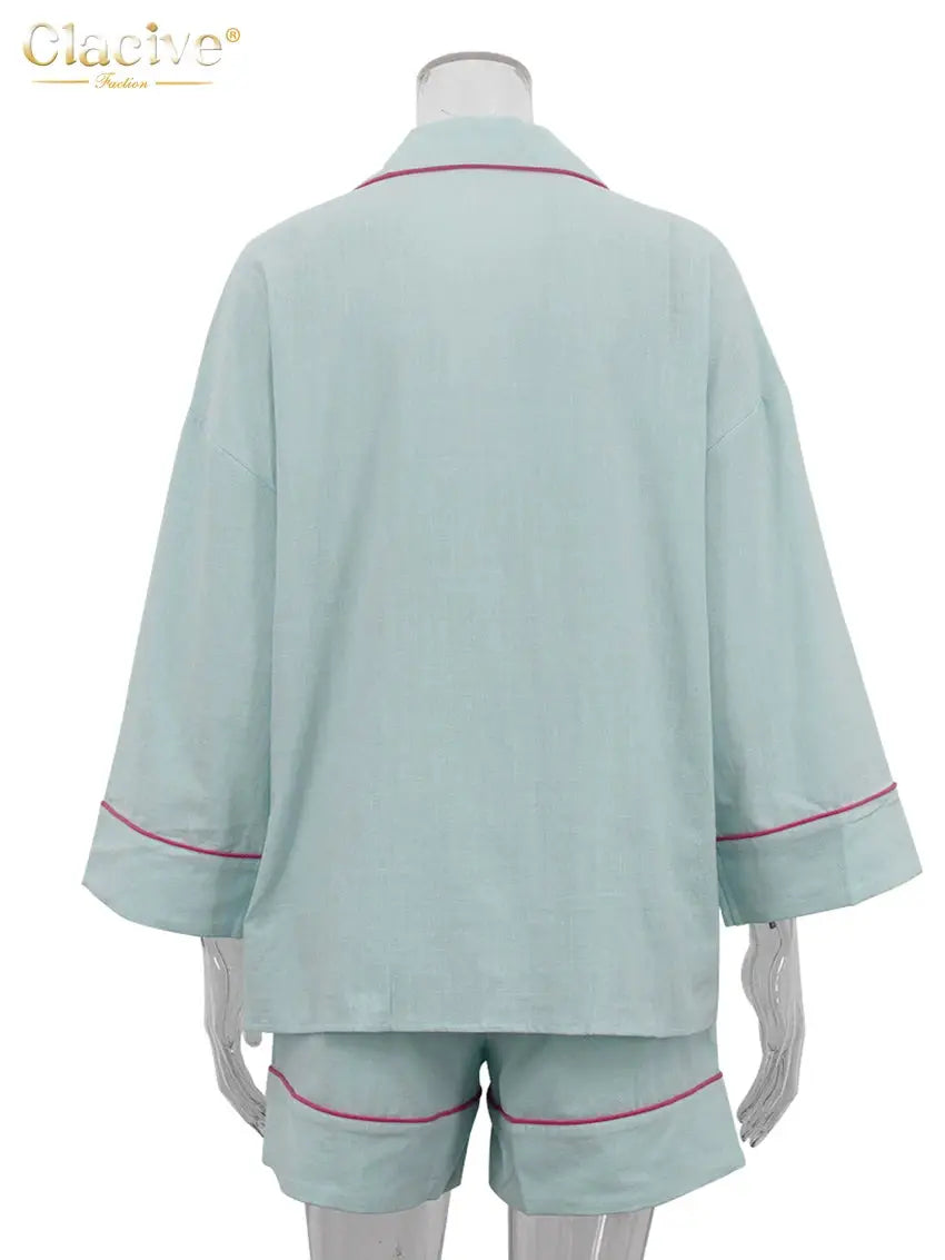 Blue Cotton Two Piece Set Women With Long Sleeve And High Waist Shorts