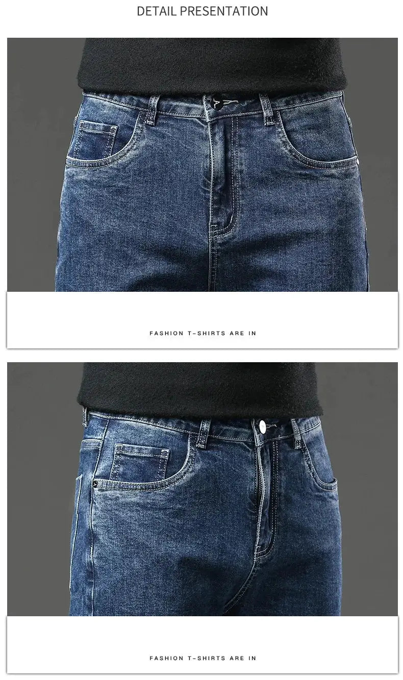 Men's blue denim jeans with slim straight fit, five-pocket styling, winter fleece lining