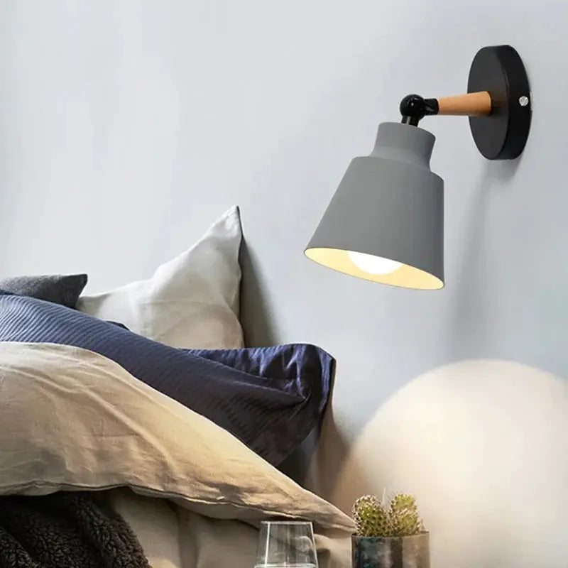 Nordic solid wood LED wall lamp by Simples Market, gray conical shade with wooden arm.