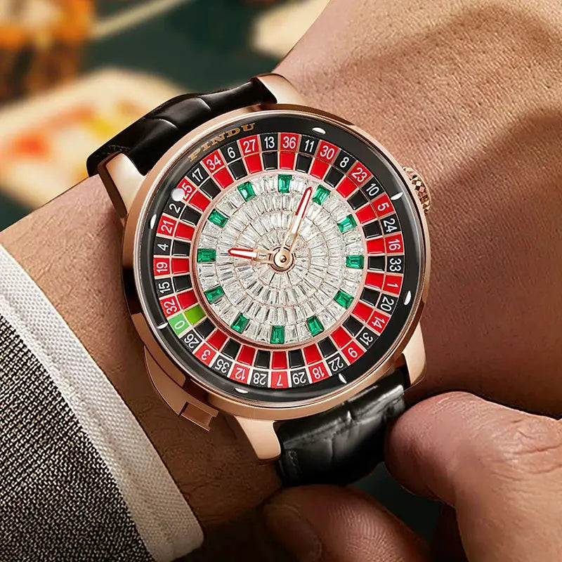 PINDU NH35A mechanical men's watch by Simples Market with roulette-style diamond dial, rose-gold case, leather strap.