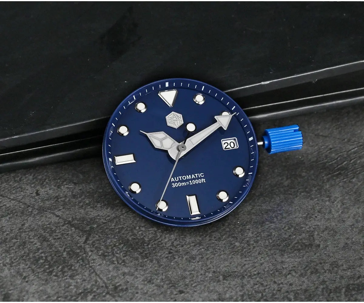 San Martin blue diver watch dial with date window, luminous markers and blue crown; automatic 300m water resistant