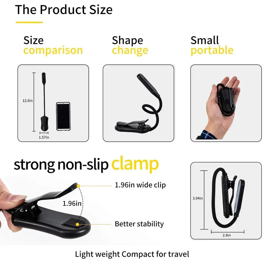 LED USB rechargeable book light by Simples Market; flexible clip-on lamp with 3 brightness levels (warm/cool/daylight)
