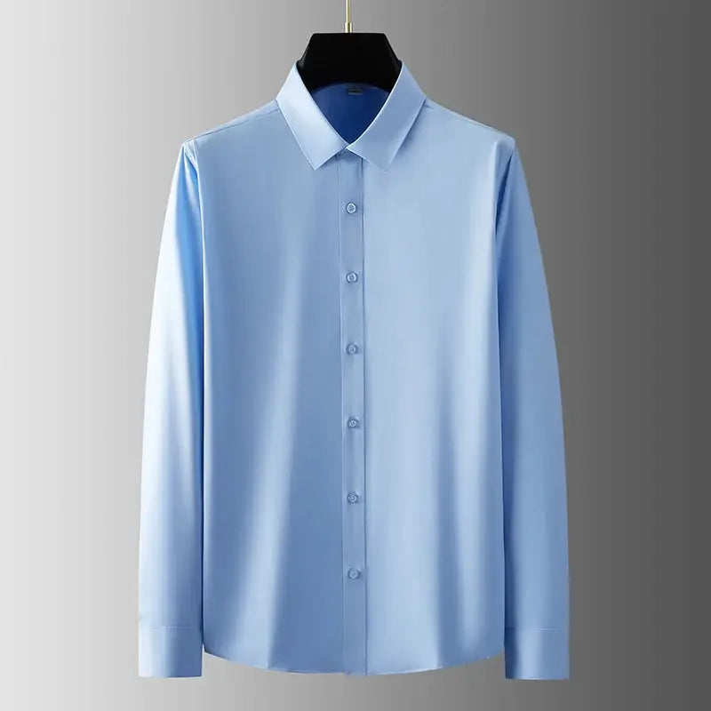 Men's light blue wrinkle-resistant long-sleeve button-down dress shirt by Simples Market