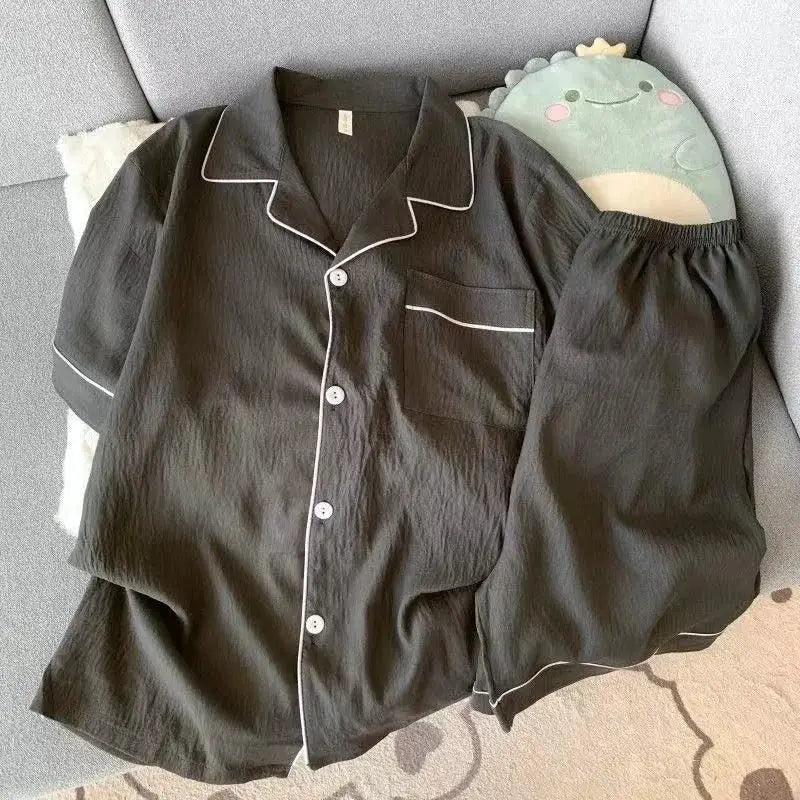 Youth Men's Slim Fit New Pajama Set Solid Color Short Sleeve Lapel Top and Elastic Shorts Pajamas Summer Loungewear Sleepwear