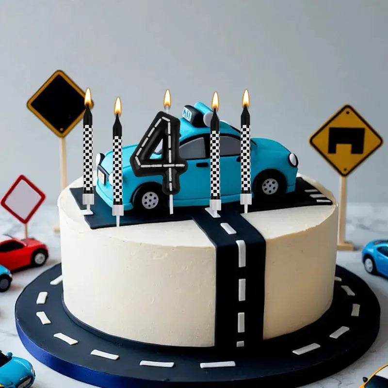 7 Piece Set Racing Car Themed Birthday Number Candles Black White Checkered Cake Topper For Kids Birthday Party