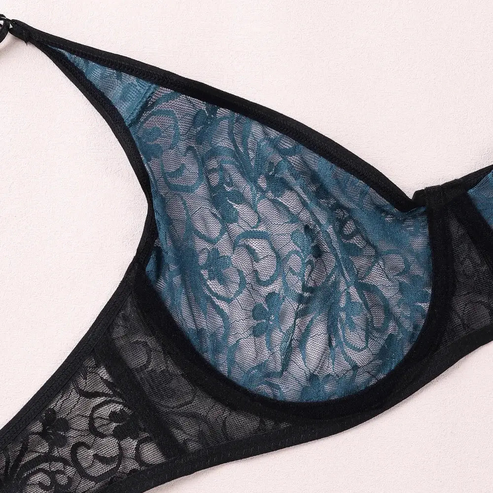 Women's black lace underwire bra with teal floral lace details