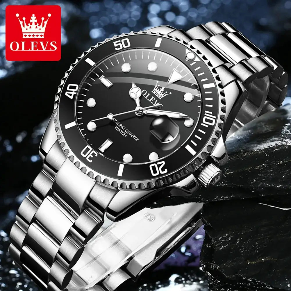 OLEVS men's quartz diving watch, stainless steel bracelet, black dial, waterproof