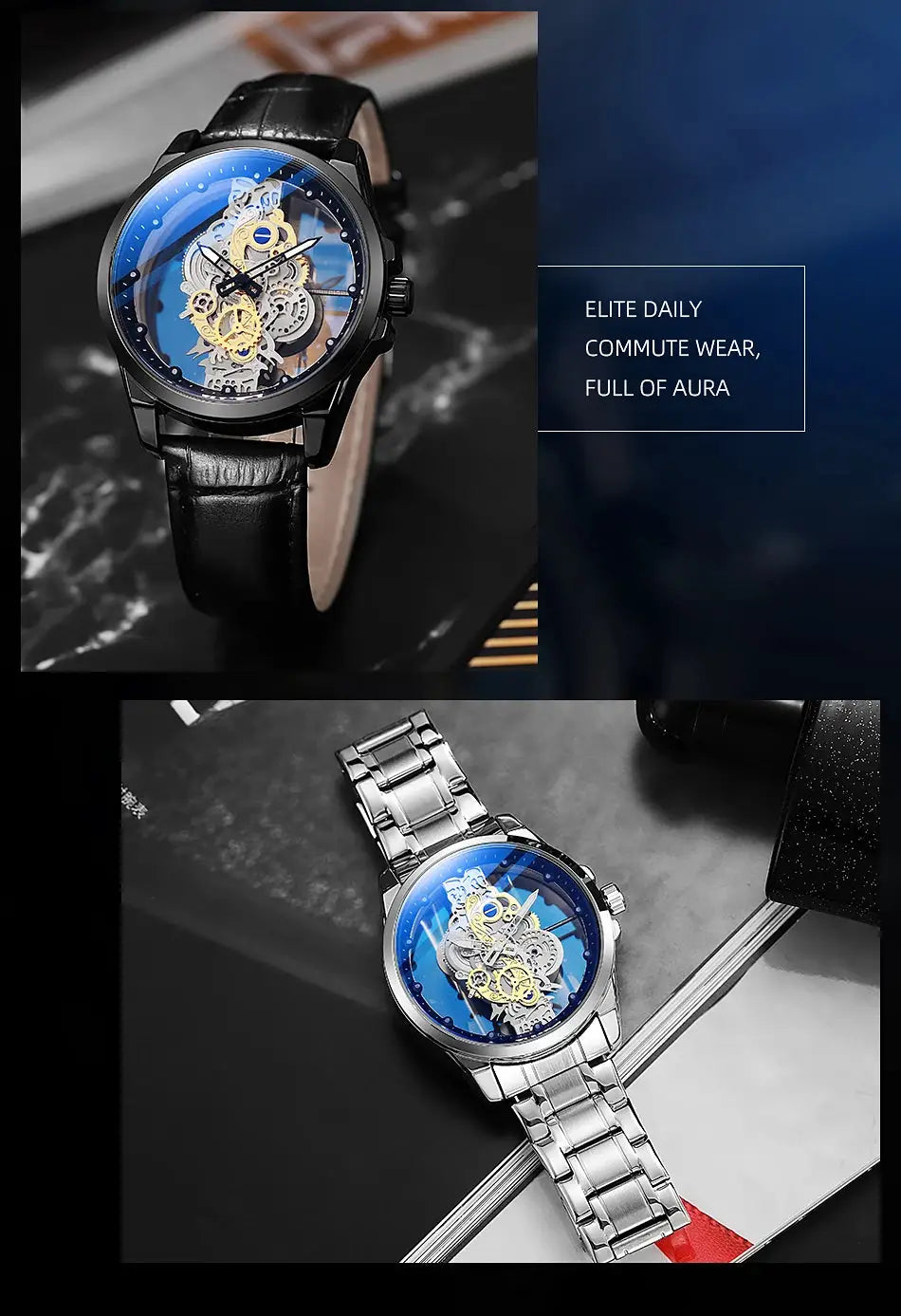 Two men's skeleton watches: black leather strap with gold gears; silver metal bracelet watch with blue skeleton dial.
