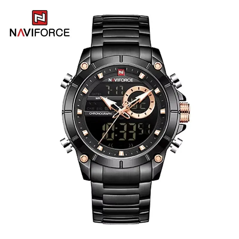 Naviforce 9163 Luxury Sport Mens Wristwatch With Dual Analog Digital Display Stainless Steel Water Resistant