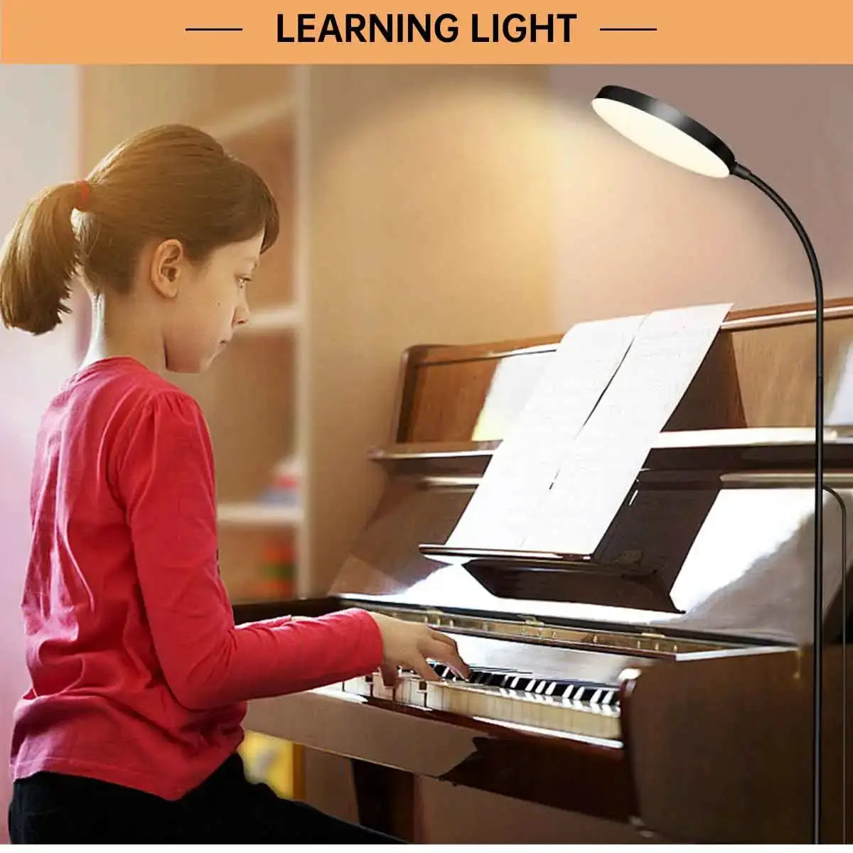LED floor lamp with flexible gooseneck, black stem and white head, dimmable reading light beside a piano