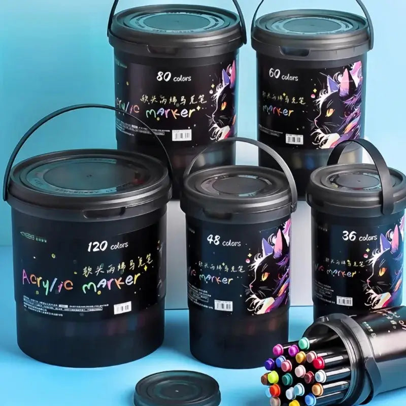 Six bucket-cap soft-head acrylic marker pen sets with 36–120 colors