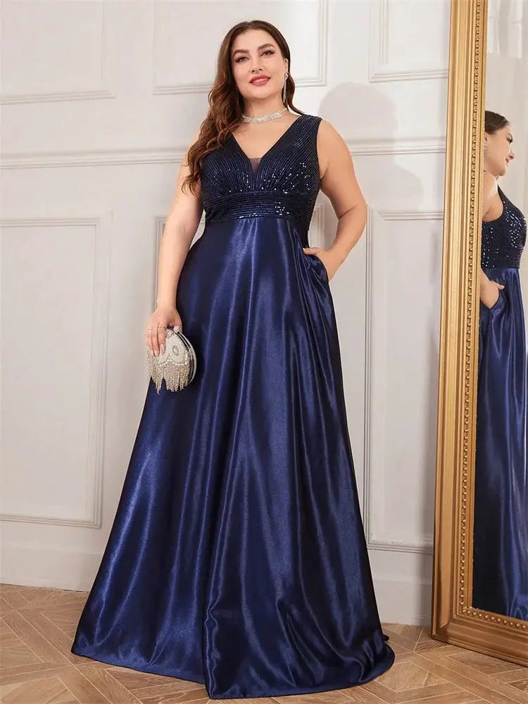 Plus Size Elegant Sequins Evening Dress Deep V Neck Satin Gown
