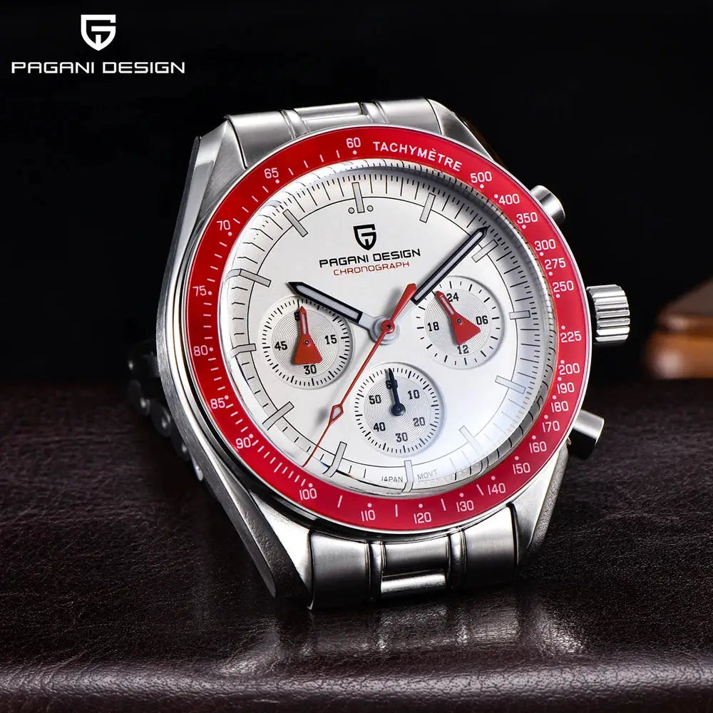 PAGANI DESIGN chronograph watch with red bezel, stainless steel band, white dial and tachymeter