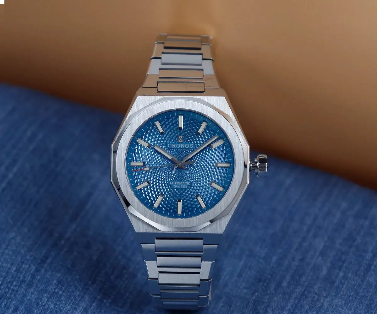Cronos New Rhombus Perlage 39mm automatic watch with blue textured dial and stainless steel bracelet