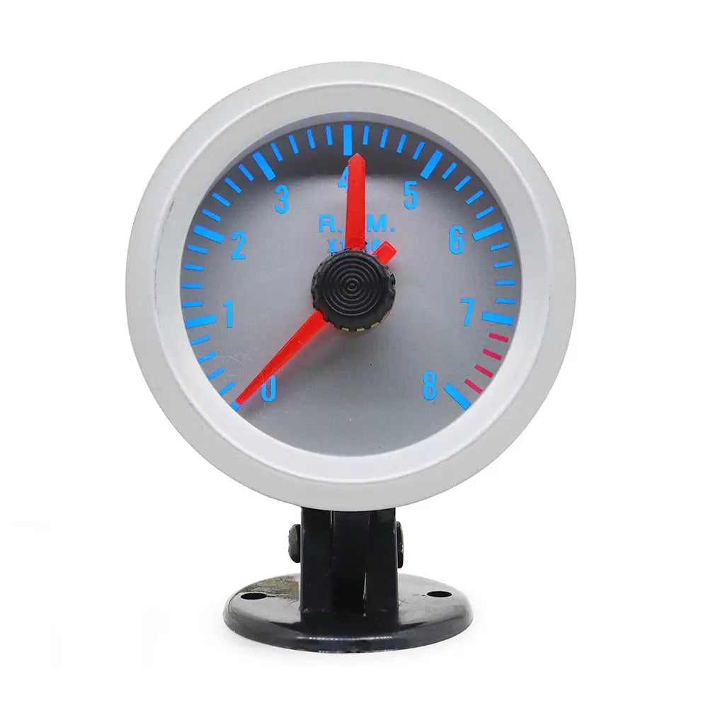 Dragon Gauge 2 52mm LED car gauge with blue dial and red needles on a black mounting stand