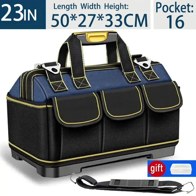 Simples Market tool bag, 13–23 in, waterproof, blue top with black pockets and yellow trim, handles and strap