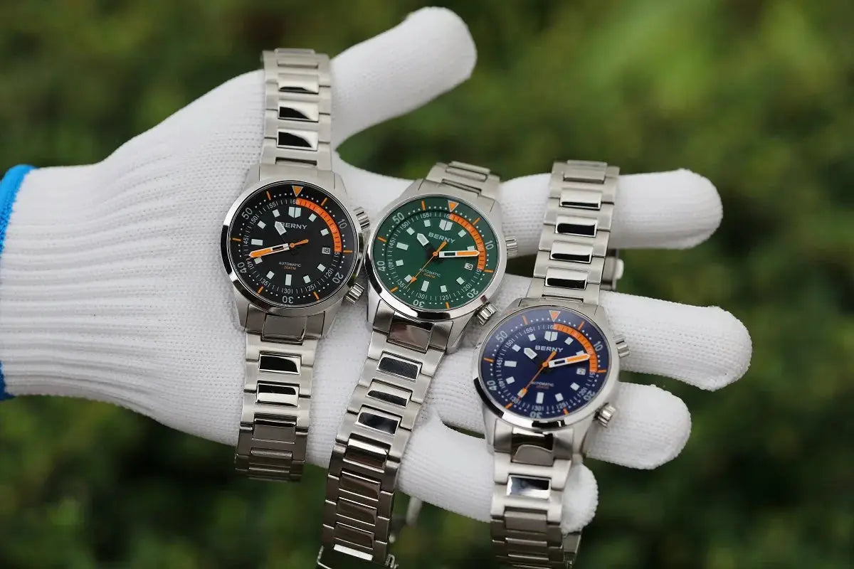 BERNY Men's Dive Watches, 3-piece stainless steel set with black, green, and blue dials and orange accents
