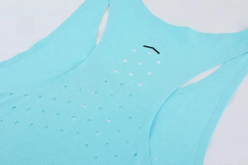 Athletics tank top in turquoise with breathable perforated mesh for running.