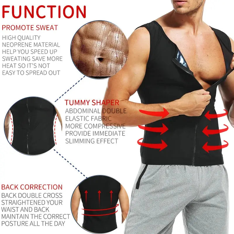 Men's abdomen reducer body shaper sauna vest by Simples Market, black waist trainer with zipper for tummy slimming