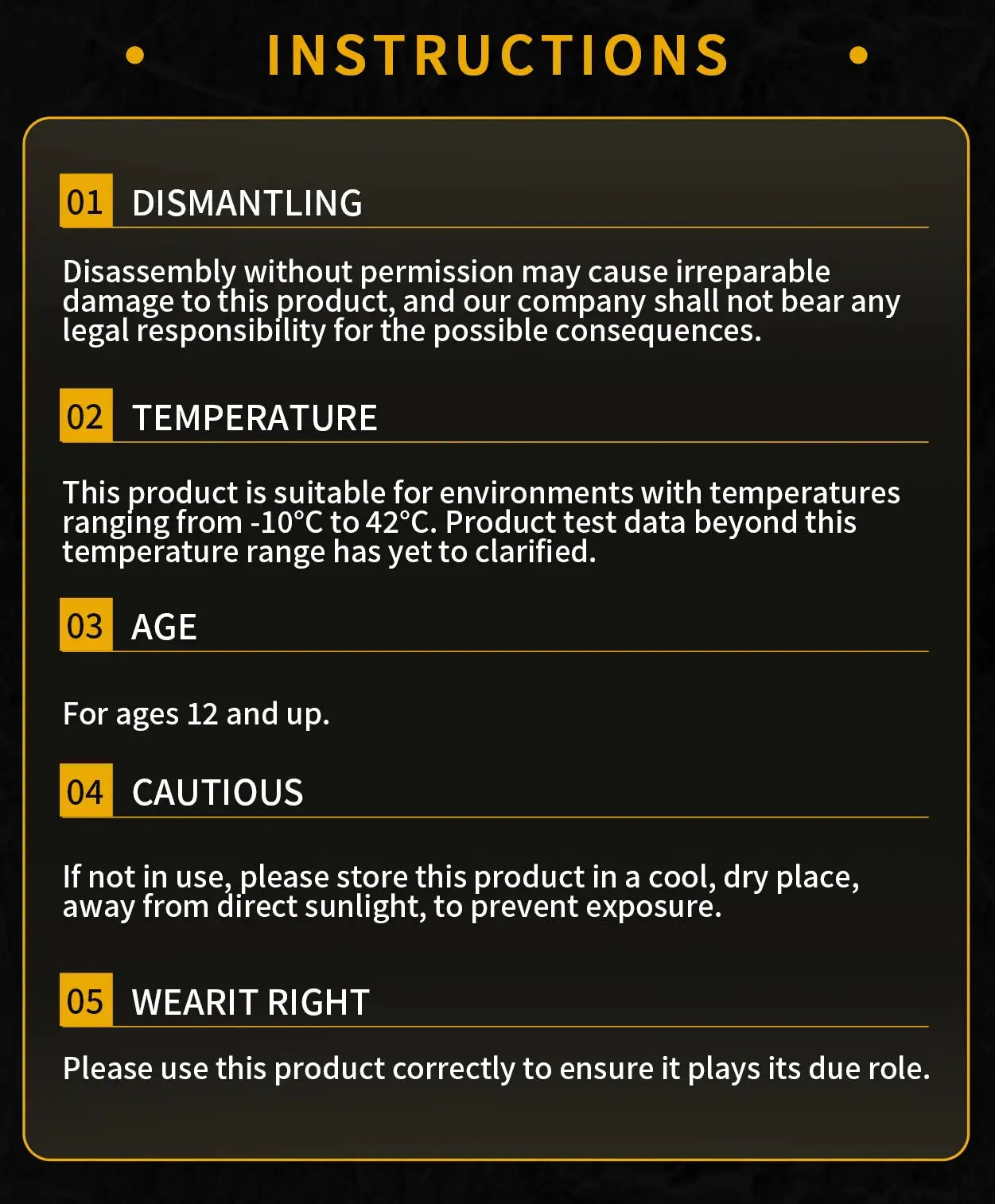 Instruction panel on a dark background with yellow borders, listing five steps.