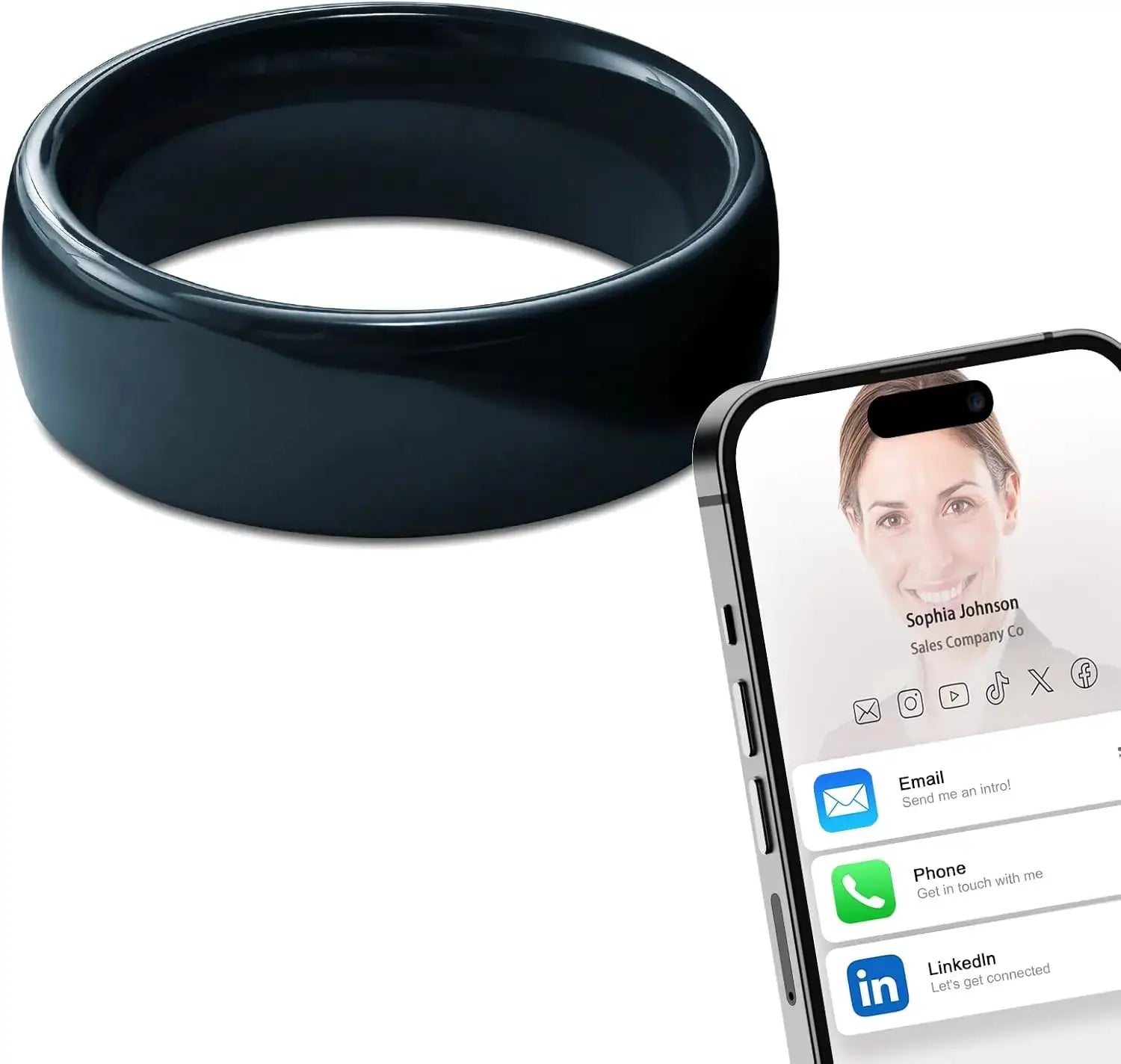 Ntag215 NFC ceramic black smart ring with 504-byte memory and password protection, shown with a smartphone