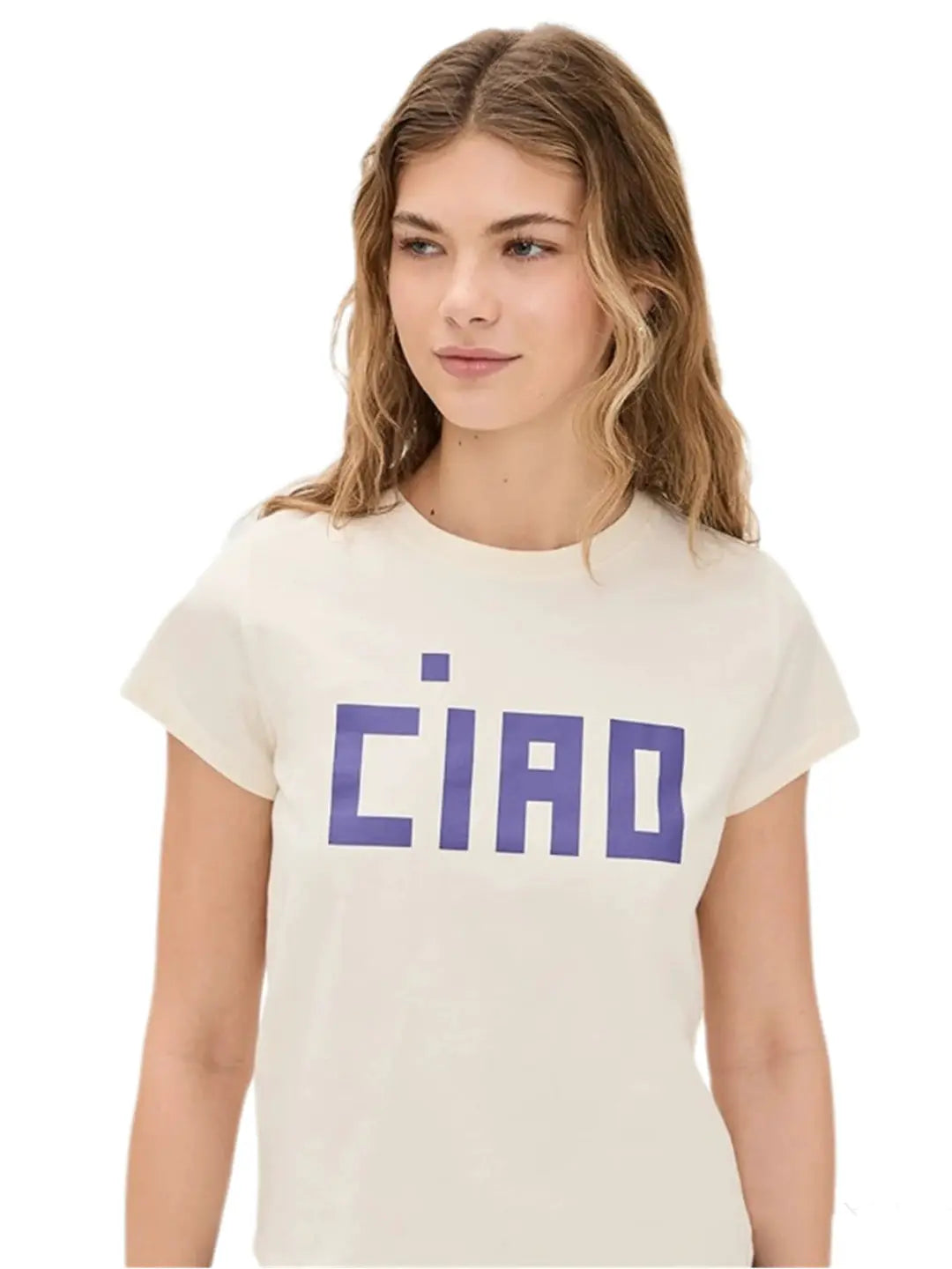 Cream short-sleeve T-shirt with a bold purple CIAO print on the front