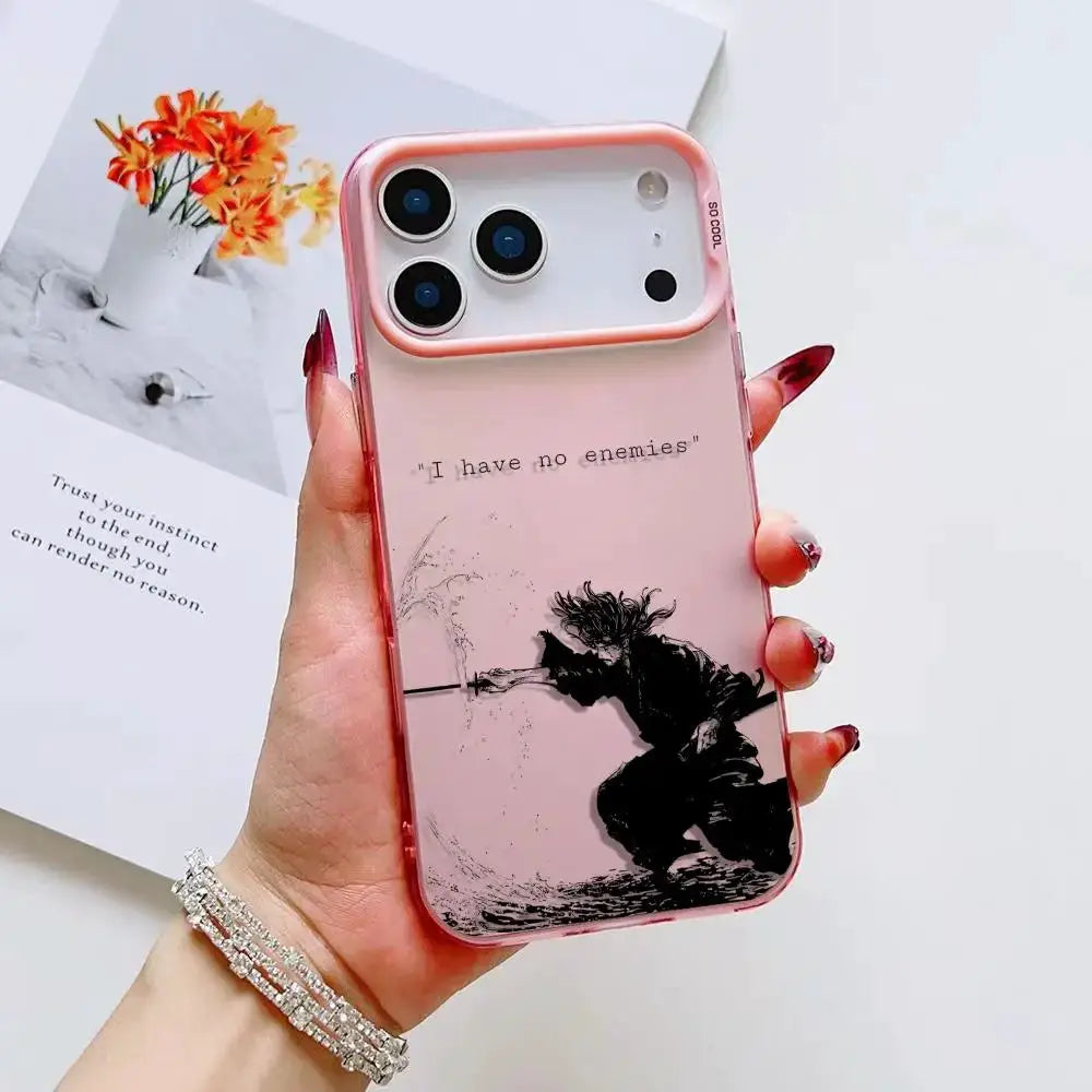 V-Vagabond S-Samurai anime iPhone case, pink gradient with black samurai silhouette and I have no enemies inscription