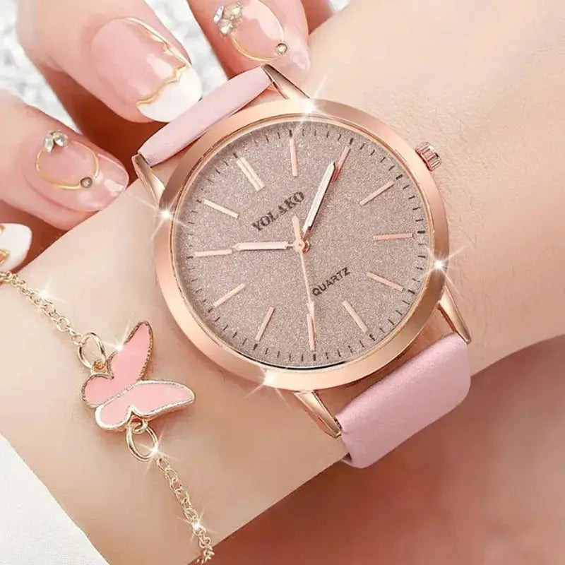 Simples Market women's rose-gold leather watch with pink strap and glitter dial, quartz