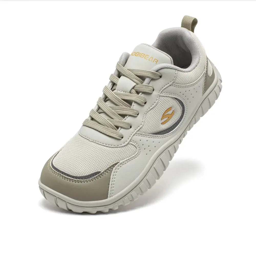HOBIBEAR unisex wide-toe sneakers, cream/beige with mesh upper and lace-up, breathable walking shoes