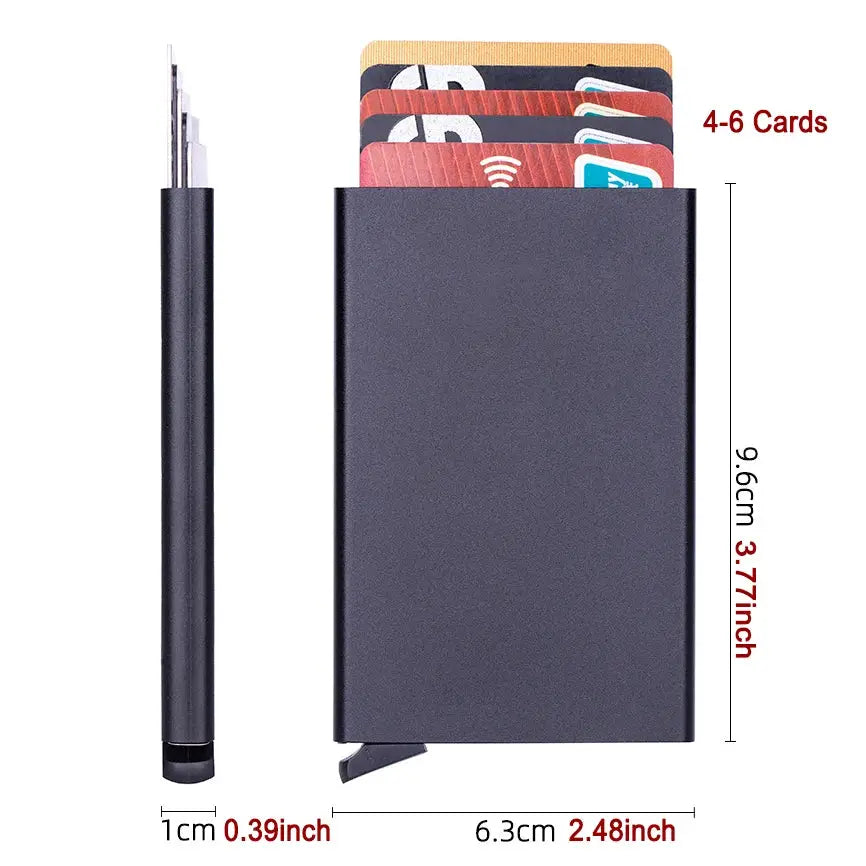 Simples Market RFID card holder wallet, black metal slim pop-up design for 4–6 cards, 9.6x6.3 cm