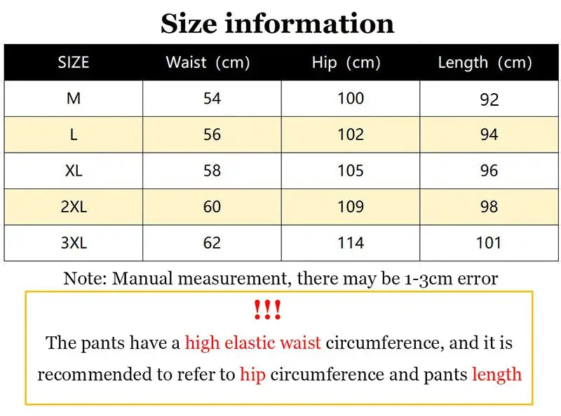 Men's casual cargo pants size chart by Simples Market for M–3XL; waist 54–62 cm, hip 100–114 cm, length 92–101 cm