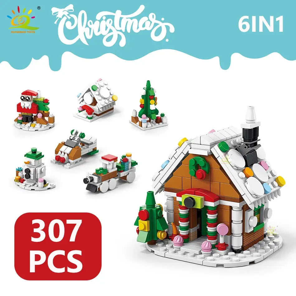 HUIQIBAO 6 In 1 Christmas Building Blocks Set Elk Deer Santa Claus Snow House Xmas Tree Bricks Toys for Children Gifts
