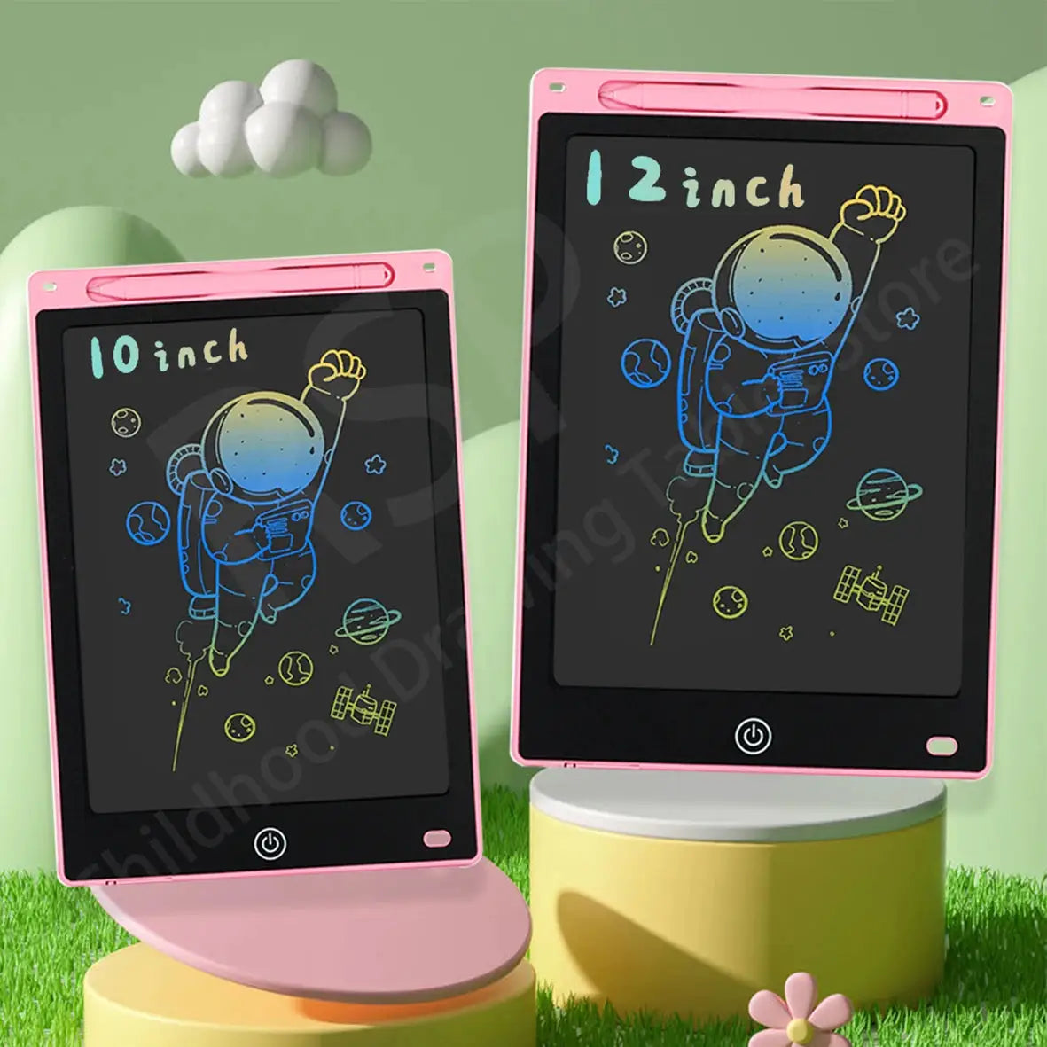 LCD drawing tablets for kids by Simples Market, pink 12-inch and 10-inch with stand, space astronaut drawing