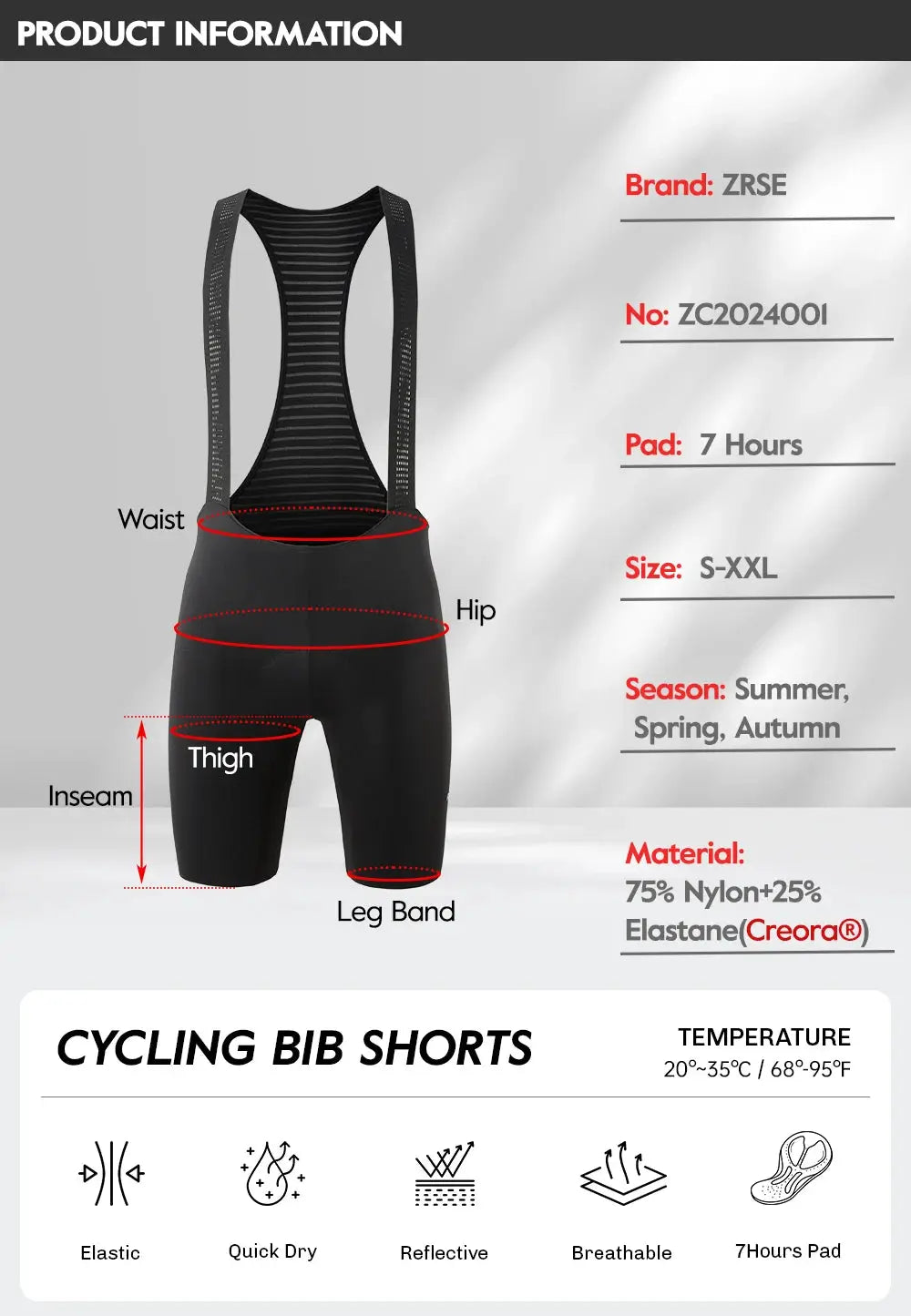 ZRSE men's cycling bib shorts; breathable black fabric with 75% nylon/25% elastane Creora, 7-hour padded chamois