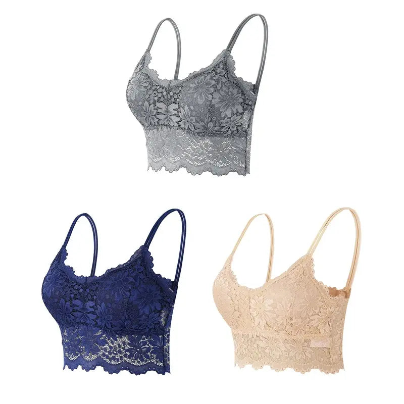 3pc lace bralette set by Simples Market; wireless seamless lace bras in gray, navy, and beige.