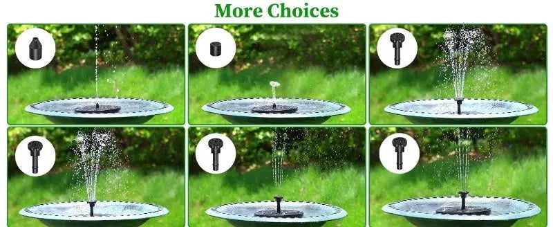 Simples Market outdoor solar fountain pump kit for garden pond with 6 nozzles; six spray patterns shown.