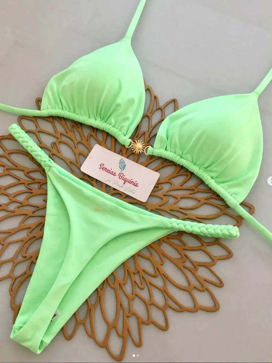 Simples Market neon green micro bikini set with halter top and braided-side thong bottom