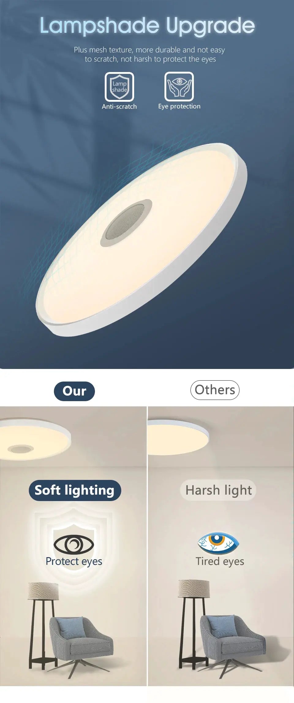 LED Smart Ceiling Lamp by Simples Market, round white panel with built-in speaker, RGB app control; two lighting demos