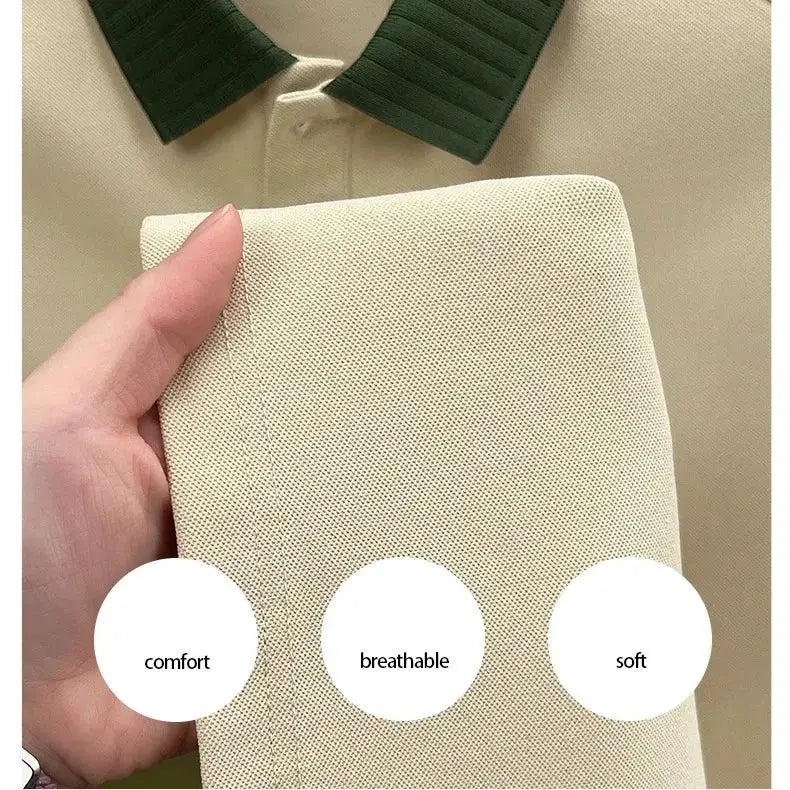 Men's short-sleeve polo shirt beige with dark green collar; breathable, soft fabric, Simples Market