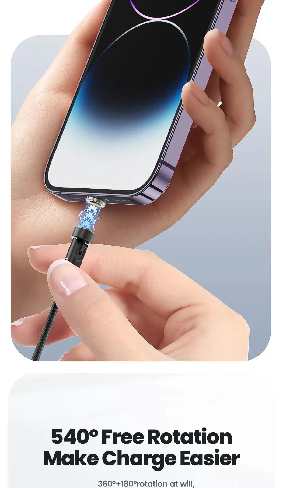 Toocki 540 rotate magnetic USB-C charging cable with black braided cord attached to a purple iPhone 12